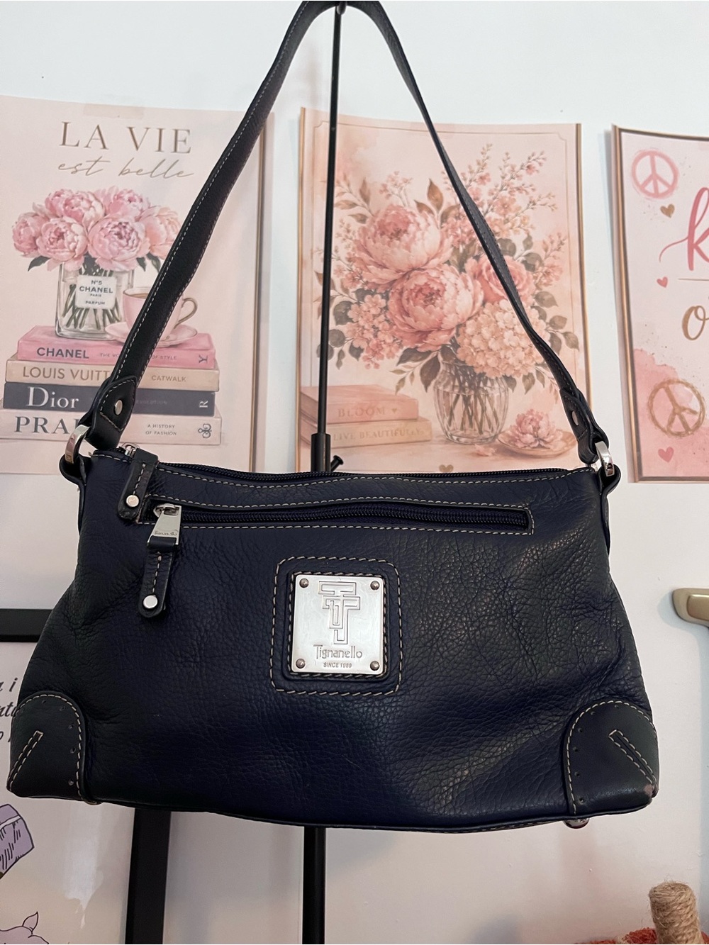 Tignanello Navy Blue Leather Shoulder Bag Purse